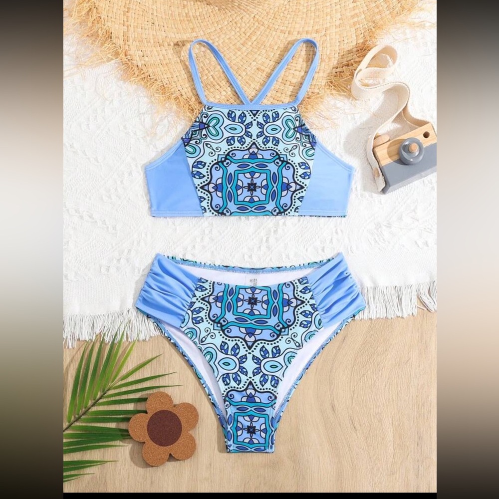 Tween Girl Plant Printed Ruched Bikini Swimsuit